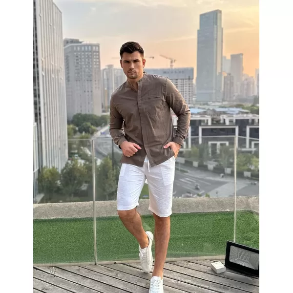 COOFANDY Men's Cotton Linen Shirt Long Sleeve Button Down Shirts Band Collar Beach Yoga Shirts
