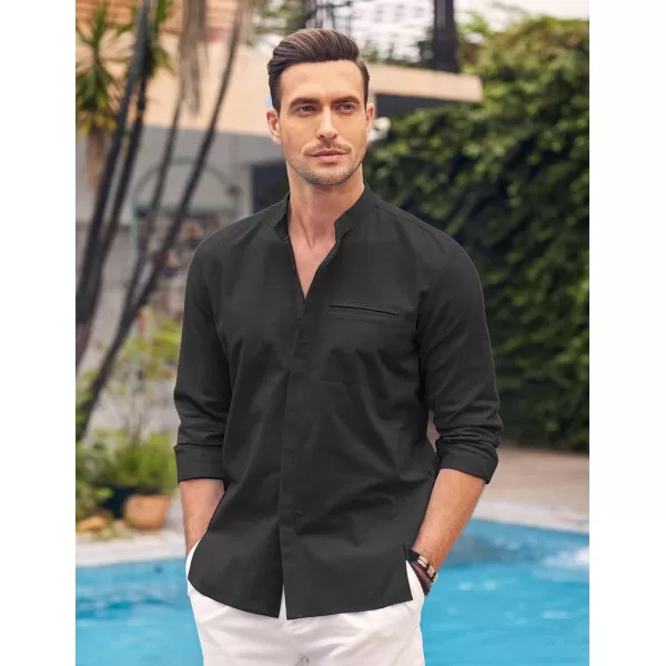 COOFANDY Men's Cotton Linen Shirt Long Sleeve Button Down Shirts Band Collar Beach Yoga Shirts