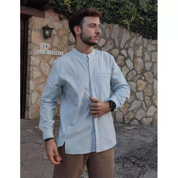 COOFANDY Men's Cotton Linen Shirt Long Sleeve Button Down Shirts Band Collar Beach Yoga Shirts
