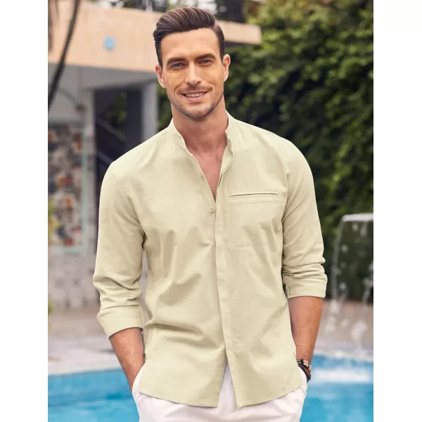 COOFANDY Men's Cotton Linen Shirt Long Sleeve Button Down Shirts Band Collar Beach Yoga Shirts