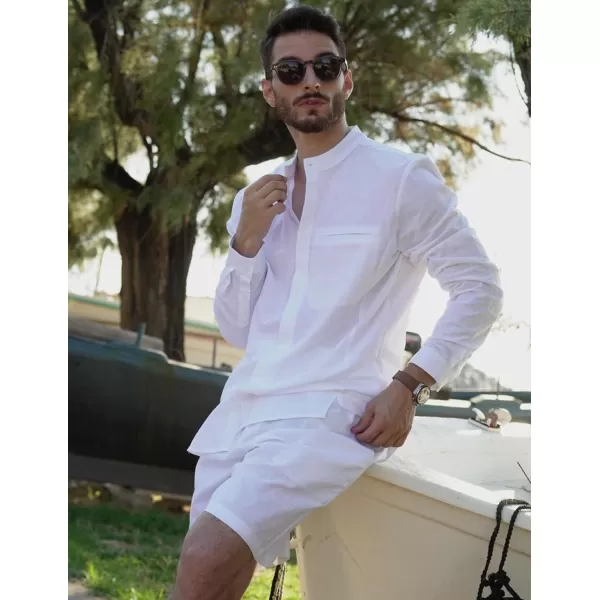 COOFANDY Men's Cotton Linen Shirt Long Sleeve Button Down Shirts Band Collar Beach Yoga Shirts