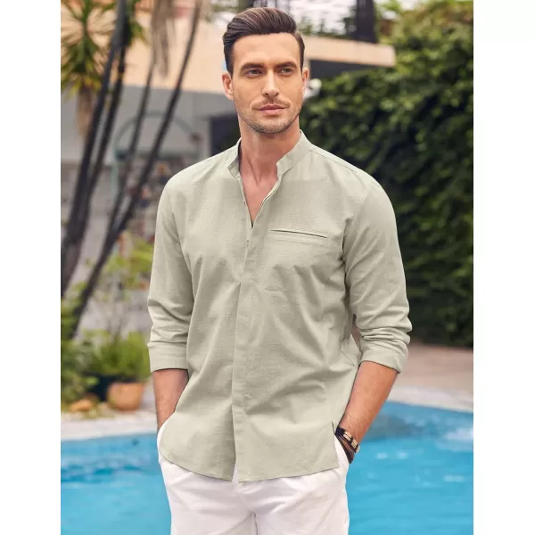 COOFANDY Men's Cotton Linen Shirt Long Sleeve Button Down Shirts Band Collar Beach Yoga Shirts