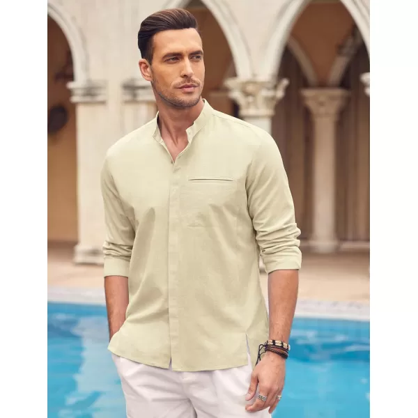 COOFANDY Men's Cotton Linen Shirt Long Sleeve Button Down Shirts Band Collar Beach Yoga Shirts