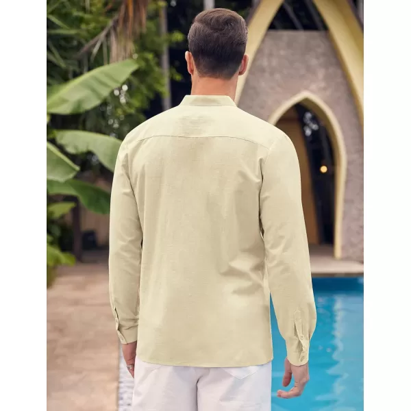 COOFANDY Men's Cotton Linen Shirt Long Sleeve Button Down Shirts Band Collar Beach Yoga Shirts