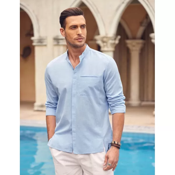 COOFANDY Men's Cotton Linen Shirt Long Sleeve Button Down Shirts Band Collar Beach Yoga Shirts