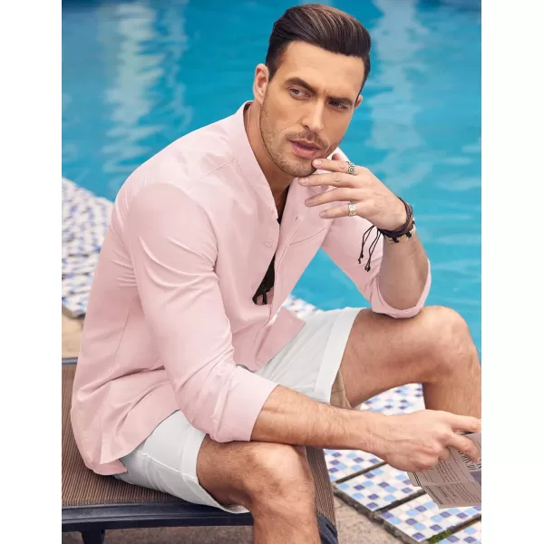 COOFANDY Men's Cotton Linen Shirt Long Sleeve Button Down Shirts Band Collar Beach Yoga Shirts