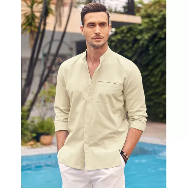 COOFANDY Men's Cotton Linen Shirt Long Sleeve Button Down Shirts Band Collar Beach Yoga Shirts