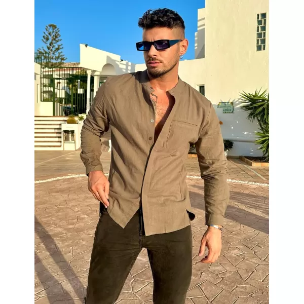 COOFANDY Men's Cotton Linen Shirt Long Sleeve Button Down Shirts Band Collar Beach Yoga Shirts