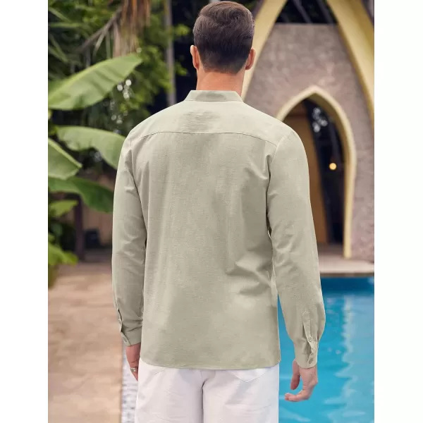 COOFANDY Men's Cotton Linen Shirt Long Sleeve Button Down Shirts Band Collar Beach Yoga Shirts