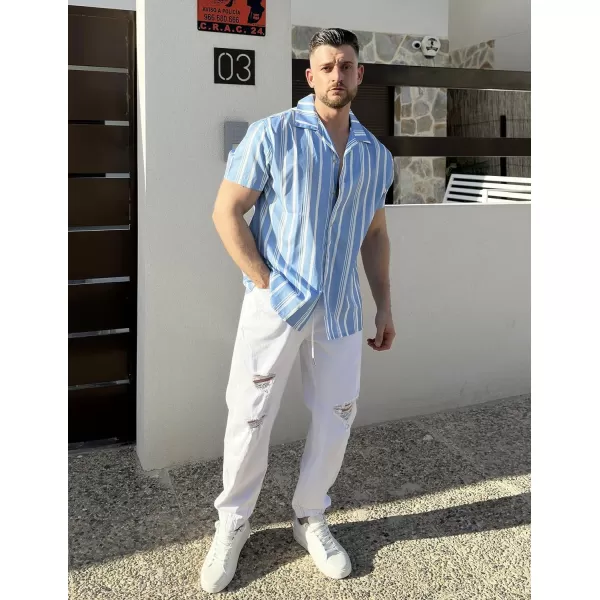 COOFANDY Mens Hawaiian Shirts Short Sleeve Striped Shirt Button Down Summer Beach Shirts