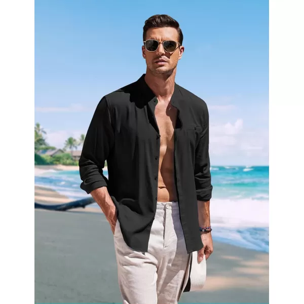COOFANDY Men's Linen Shirts Long Sleeve Banded Collar Casual Button Down Shirts