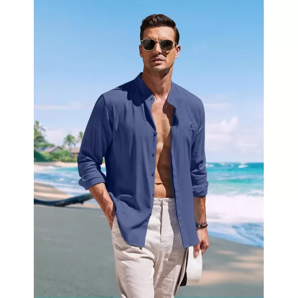 COOFANDY Men's Linen Shirts Long Sleeve Banded Collar Casual Button Down Shirts