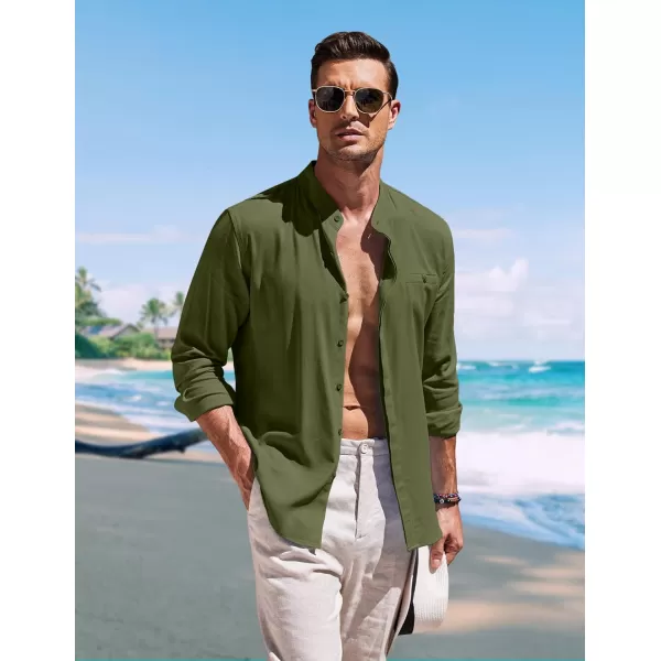 COOFANDY Men's Linen Shirts Long Sleeve Banded Collar Casual Button Down Shirts