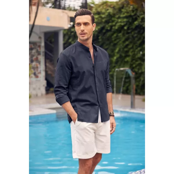 COOFANDY Men's Linen Shirts Long Sleeve Banded Collar Casual Button Down Shirts