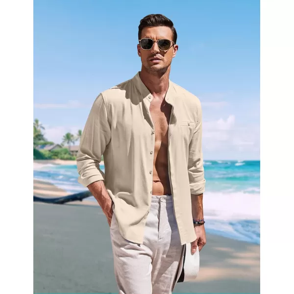 COOFANDY Men's Linen Shirts Long Sleeve Banded Collar Casual Button Down Shirts