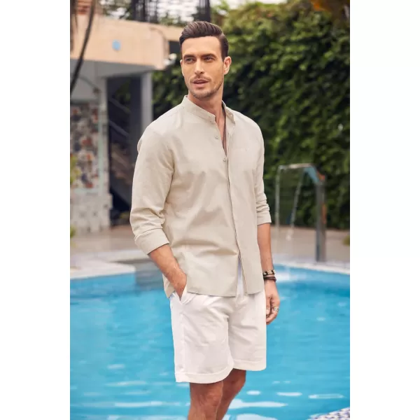 COOFANDY Men's Linen Shirts Long Sleeve Banded Collar Casual Button Down Shirts