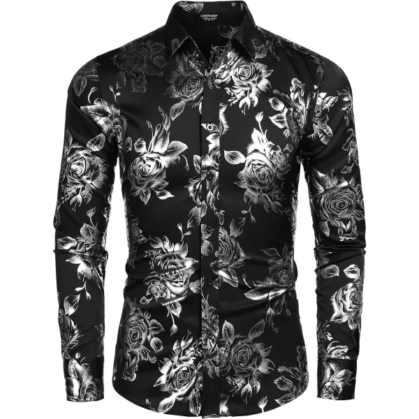 COOFANDY Men's Rose Shiny Shirt Luxury Flowered Printed Button Down Shirt)