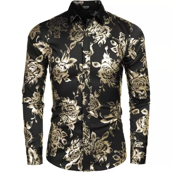 COOFANDY Men's Rose Shiny Shirt Luxury Flowered Printed Button Down Shirt)