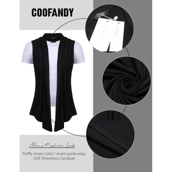 COOFANDY Men's Ruffle Shawl Collar Cardigan Sleeveless Open Front Vest Lightweight Long Length Drape Cape