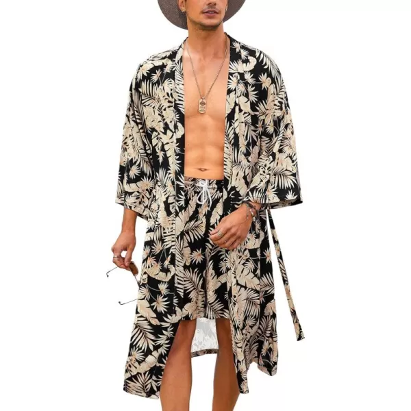 COOFANDY Men Lightweight 2 Piece Kimono Robe with Shorts Japanese 3/4 Sleeve Robes Casual Open Front Long Cardigan With Belt)