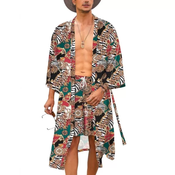 COOFANDY Men Lightweight 2 Piece Kimono Robe with Shorts Japanese 3/4 Sleeve Robes Casual Open Front Long Cardigan With Belt)