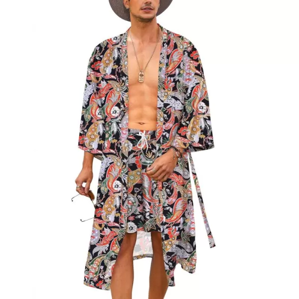 COOFANDY Men Lightweight 2 Piece Kimono Robe with Shorts Japanese 3/4 Sleeve Robes Casual Open Front Long Cardigan With Belt)