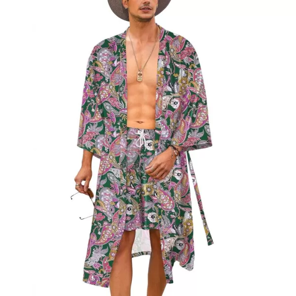 COOFANDY Men Lightweight 2 Piece Kimono Robe with Shorts Japanese 3/4 Sleeve Robes Casual Open Front Long Cardigan With Belt)