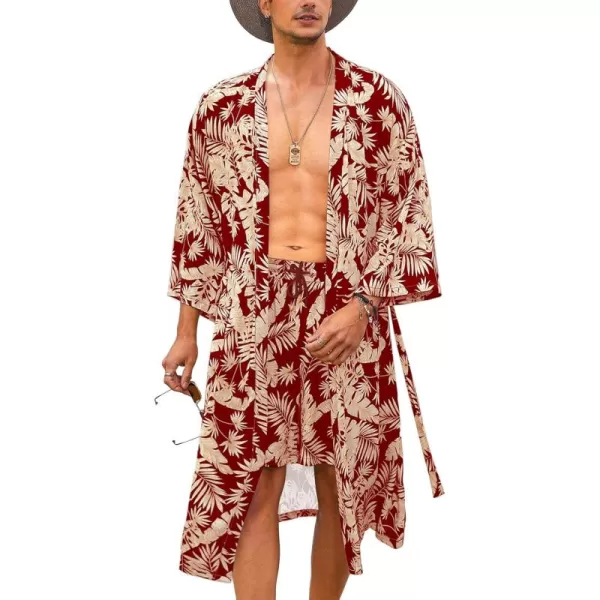 COOFANDY Men Lightweight 2 Piece Kimono Robe with Shorts Japanese 3/4 Sleeve Robes Casual Open Front Long Cardigan With Belt)