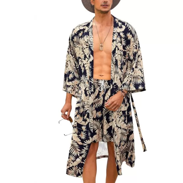 COOFANDY Men Lightweight 2 Piece Kimono Robe with Shorts Japanese 3/4 Sleeve Robes Casual Open Front Long Cardigan With Belt)