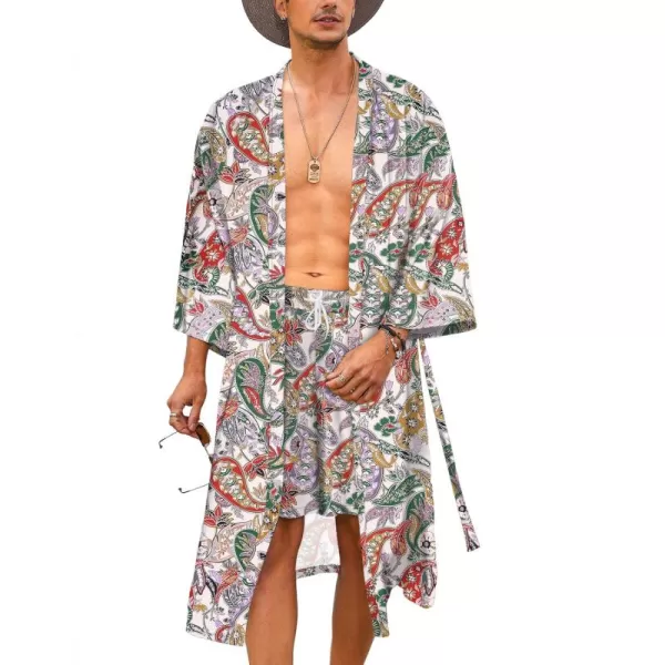 COOFANDY Men Lightweight 2 Piece Kimono Robe with Shorts Japanese 3/4 Sleeve Robes Casual Open Front Long Cardigan With Belt)