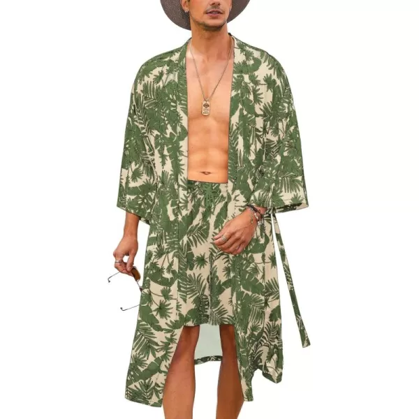 COOFANDY Men Lightweight 2 Piece Kimono Robe with Shorts Japanese 3/4 Sleeve Robes Casual Open Front Long Cardigan With Belt)
