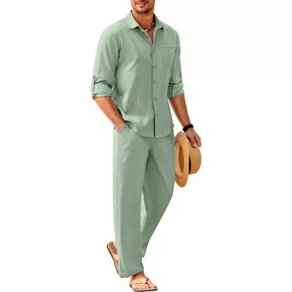 COOFANDY Men's 2 Piece Linen Sets Casual Long Sleeve Button Down Cuban Shirt and Loose Pants Set Beach Vacation Outfits