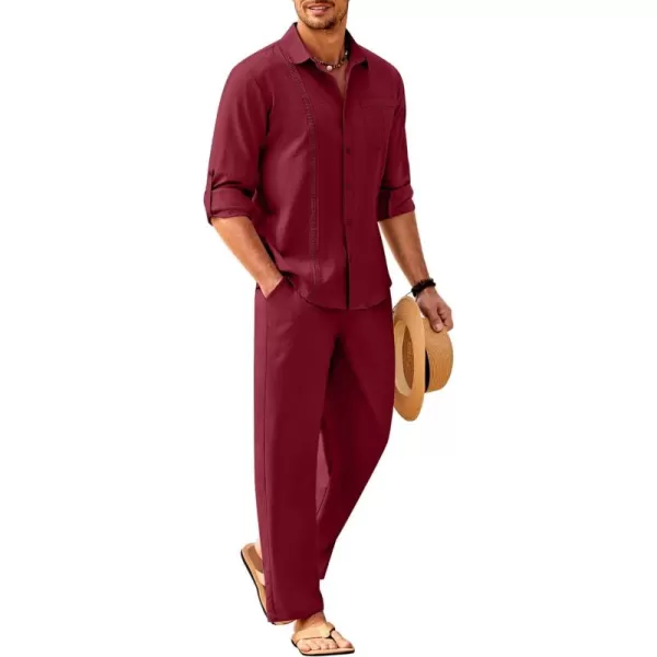 COOFANDY Men's 2 Piece Linen Sets Casual Long Sleeve Button Down Cuban Shirt and Loose Pants Set Beach Vacation Outfits