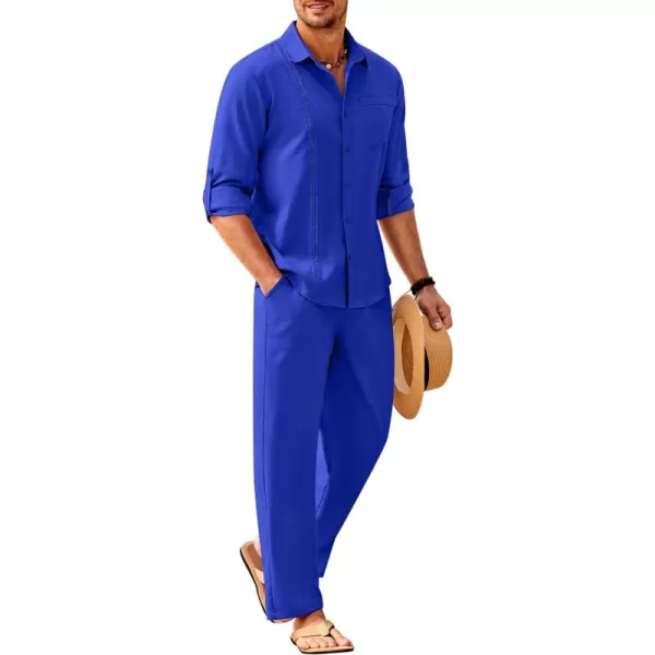 COOFANDY Men's 2 Piece Linen Sets Casual Long Sleeve Button Down Cuban Shirt and Loose Pants Set Beach Vacation Outfits