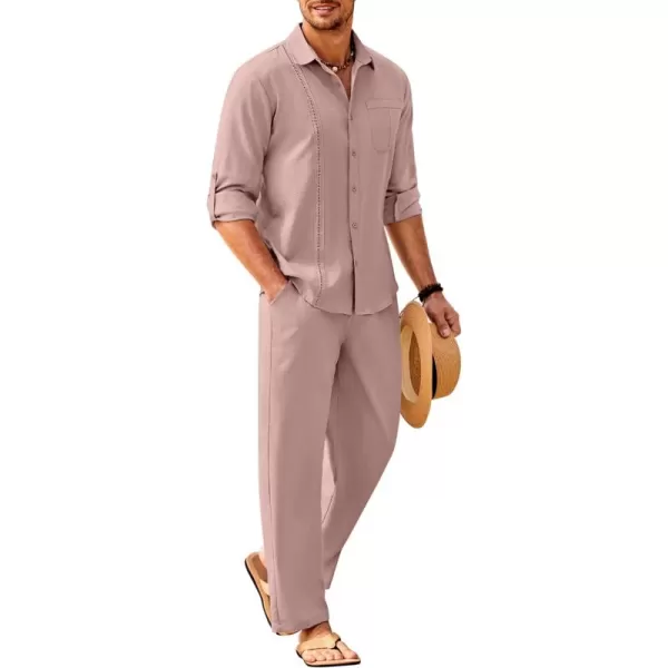 COOFANDY Men's 2 Piece Linen Sets Casual Long Sleeve Button Down Cuban Shirt and Loose Pants Set Beach Vacation Outfits
