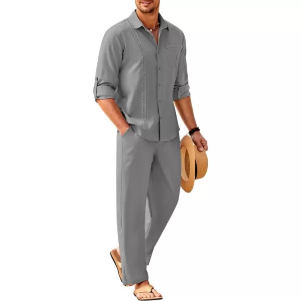 COOFANDY Men's 2 Piece Linen Sets Casual Long Sleeve Button Down Cuban Shirt and Loose Pants Set Beach Vacation Outfits