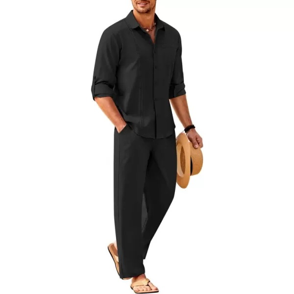 COOFANDY Men's 2 Piece Linen Sets Casual Long Sleeve Button Down Cuban Shirt and Loose Pants Set Beach Vacation Outfits