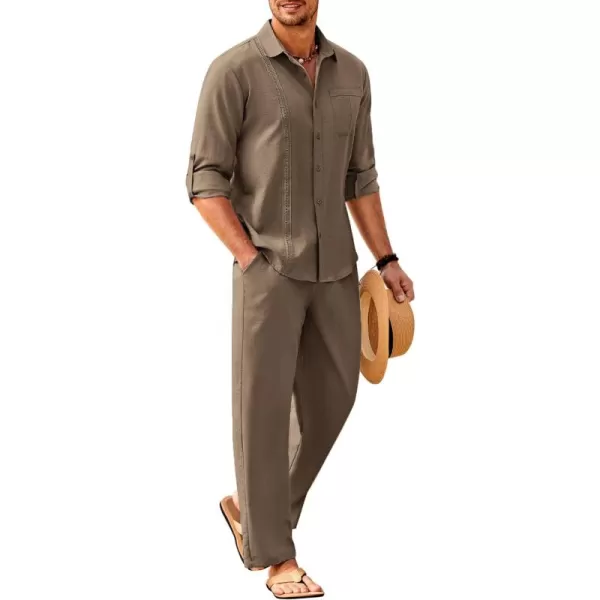 COOFANDY Men's 2 Piece Linen Sets Casual Long Sleeve Button Down Cuban Shirt and Loose Pants Set Beach Vacation Outfits