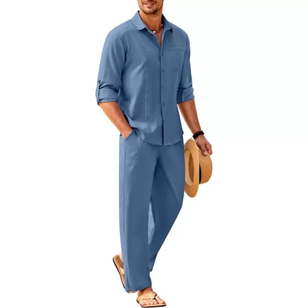 COOFANDY Men's 2 Piece Linen Sets Casual Long Sleeve Button Down Cuban Shirt and Loose Pants Set Beach Vacation Outfits