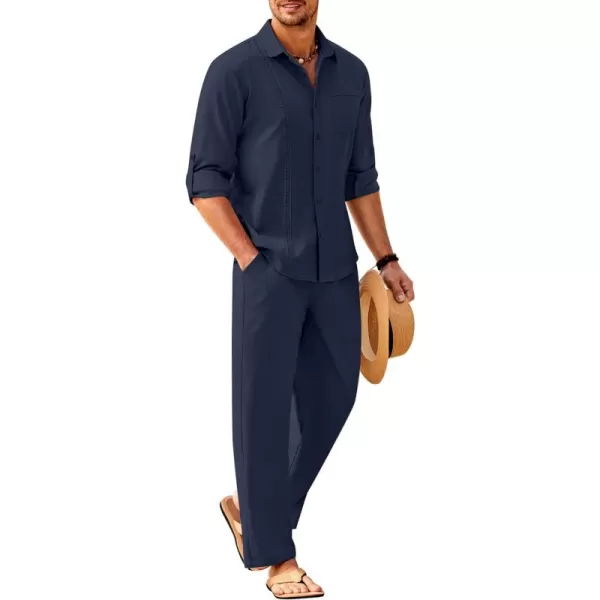 COOFANDY Men's 2 Piece Linen Sets Casual Long Sleeve Button Down Cuban Shirt and Loose Pants Set Beach Vacation Outfits
