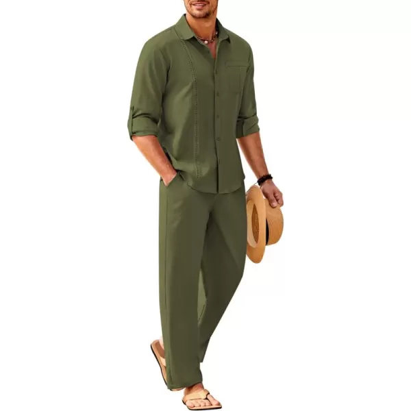 COOFANDY Men's 2 Piece Linen Sets Casual Long Sleeve Button Down Cuban Shirt and Loose Pants Set Beach Vacation Outfits