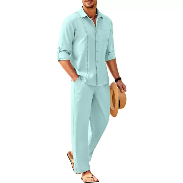 COOFANDY Men's 2 Piece Linen Sets Casual Long Sleeve Button Down Cuban Shirt and Loose Pants Set Beach Vacation Outfits