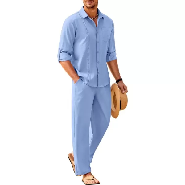 COOFANDY Men's 2 Piece Linen Sets Casual Long Sleeve Button Down Cuban Shirt and Loose Pants Set Beach Vacation Outfits