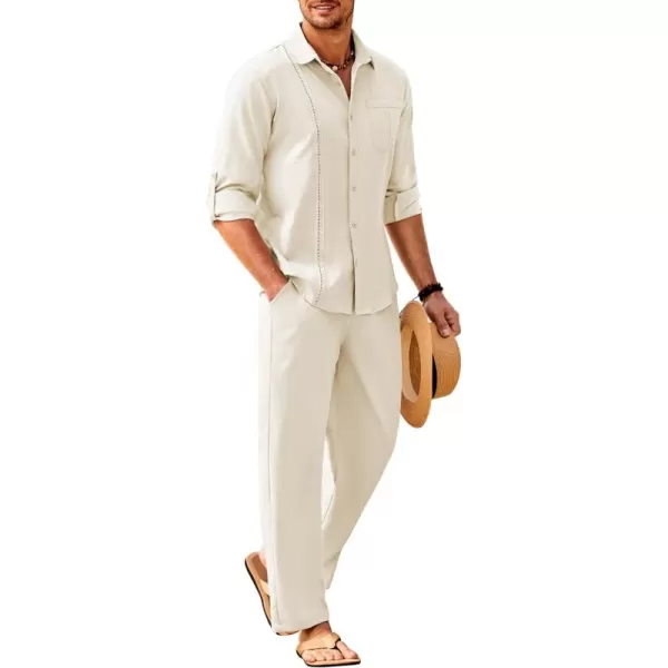 COOFANDY Men's 2 Piece Linen Sets Casual Long Sleeve Button Down Cuban Shirt and Loose Pants Set Beach Vacation Outfits