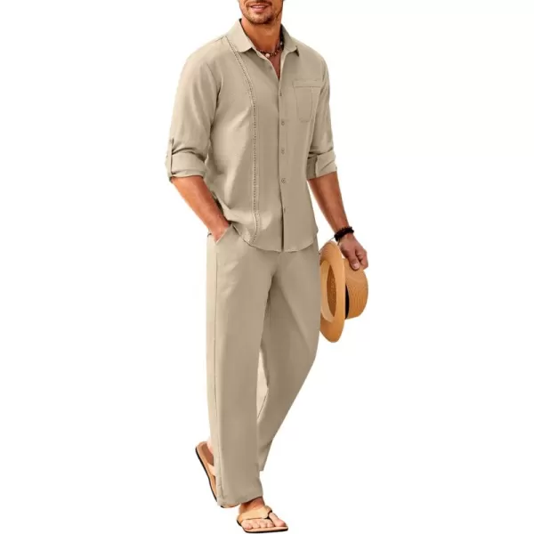 COOFANDY Men's 2 Piece Linen Sets Casual Long Sleeve Button Down Cuban Shirt and Loose Pants Set Beach Vacation Outfits