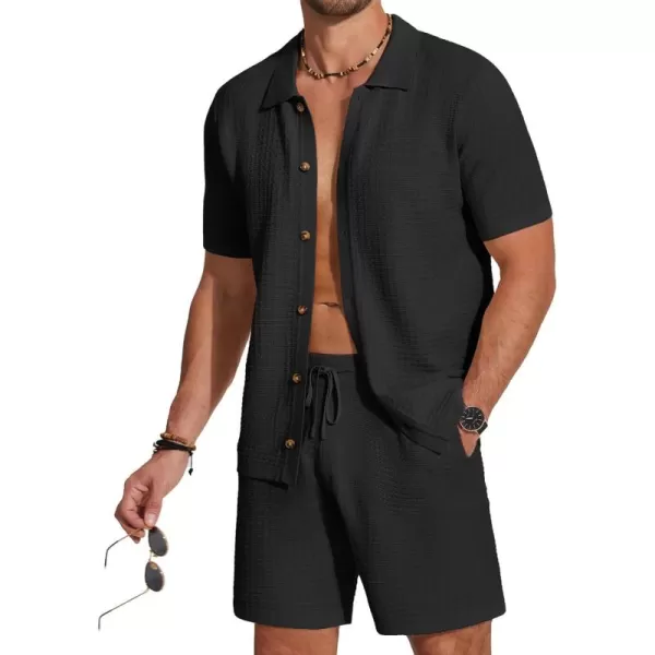 COOFANDY Men's 2 Piece Short Sets Casual Button Down Shirt and Shorts Set Knit Polo Set Vintage Summer Beach Outfits
