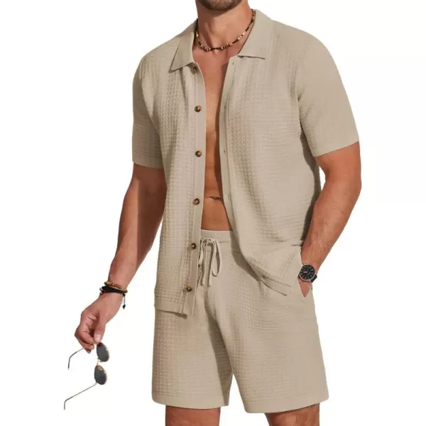 COOFANDY Men's 2 Piece Short Sets Casual Button Down Shirt and Shorts Set Knit Polo Set Vintage Summer Beach Outfits