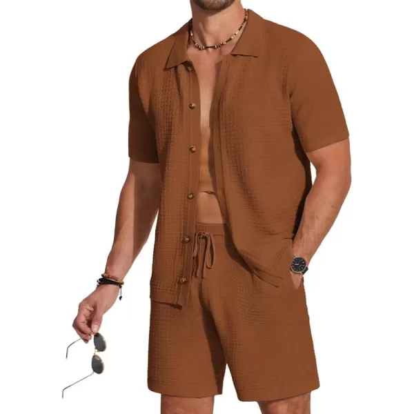 COOFANDY Men's 2 Piece Short Sets Casual Button Down Shirt and Shorts Set Knit Polo Set Vintage Summer Beach Outfits