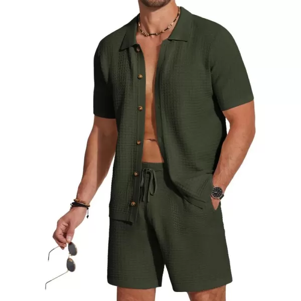COOFANDY Men's 2 Piece Short Sets Casual Button Down Shirt and Shorts Set Knit Polo Set Vintage Summer Beach Outfits