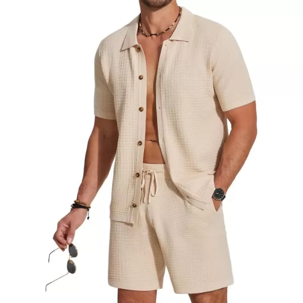 COOFANDY Men's 2 Piece Short Sets Casual Button Down Shirt and Shorts Set Knit Polo Set Vintage Summer Beach Outfits